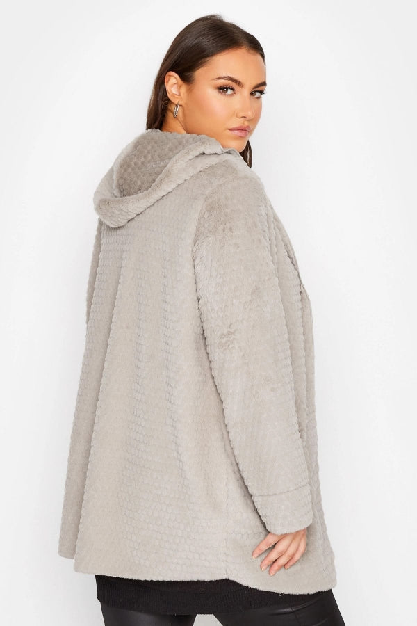 Büyük Beden Uzun Kollu Kapüşonlu Cepli Suni Kürk İnce Ceket 301652 Vervegrand