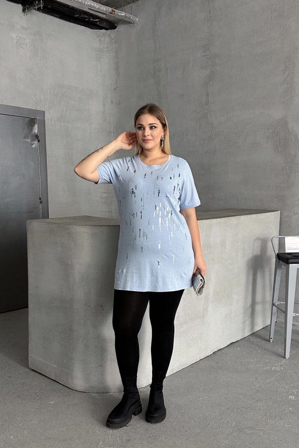 Büyük Beden Bisiklet Yaka Payet Süslemeli Kısa Kollu T-shirt 302015 Vervegrand