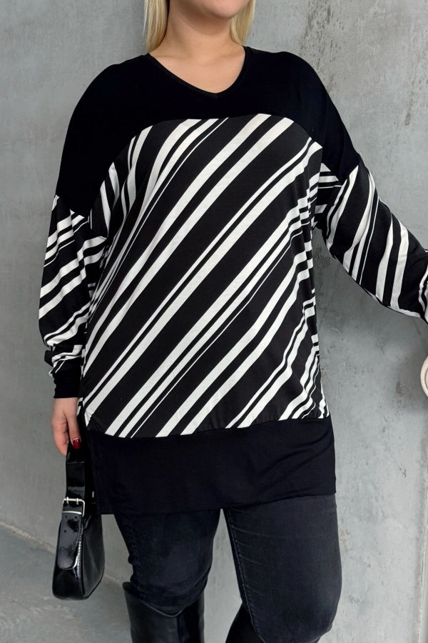 Büyük Beden V Yaka Uzun Kollu Bileği Lastikli Yırtmaçlı Bluz 303085 Vervegrand