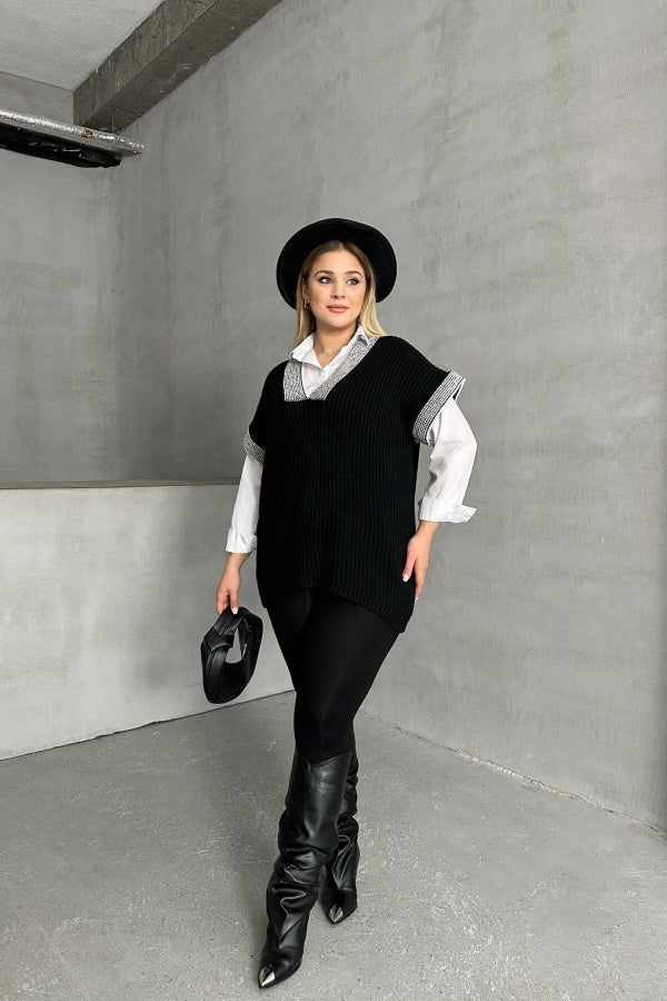 Büyük Beden V Yaka Kısa Kollu Triko Süveter 302139 Vervegrand