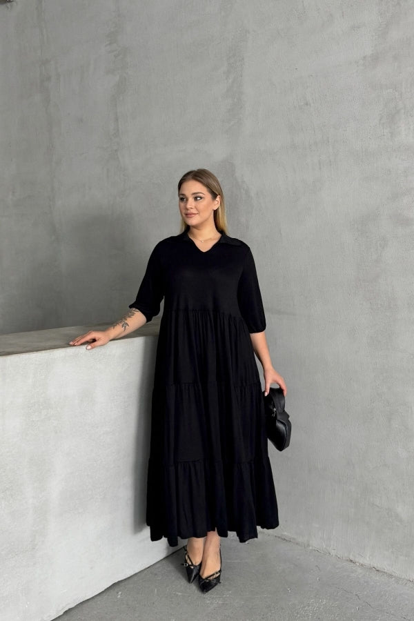 Büyük Beden V Yaka Yarım Kollu Beli Lastikli Uzun Elbise 302150 Vervegrand