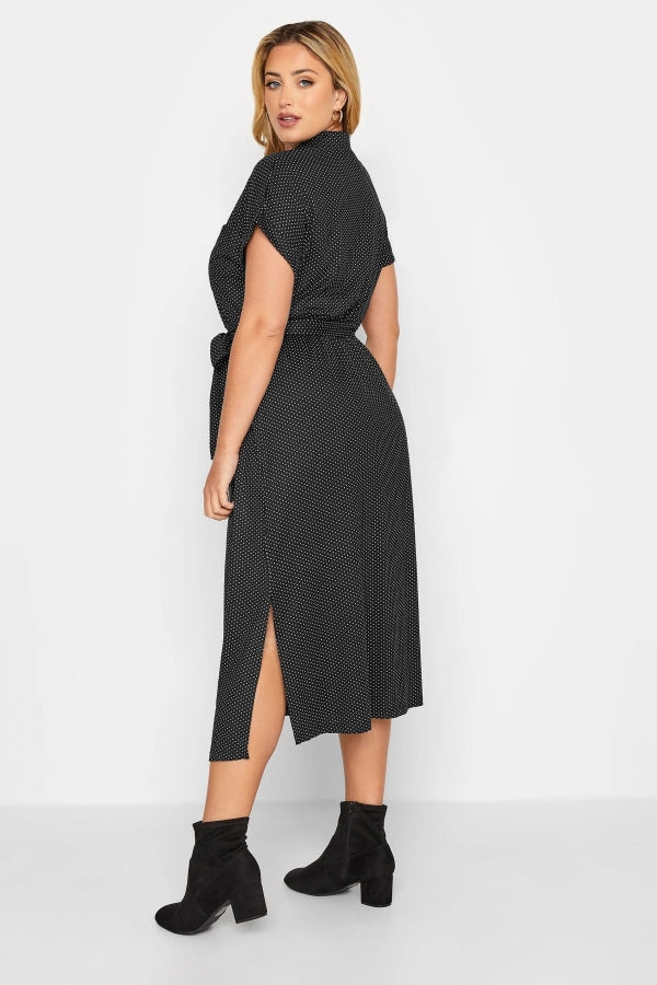 Büyük Beden Beli Kuşaklı Yırtmaç Detaylı Desenli Gömlek Elbise 301488 Vervegrand