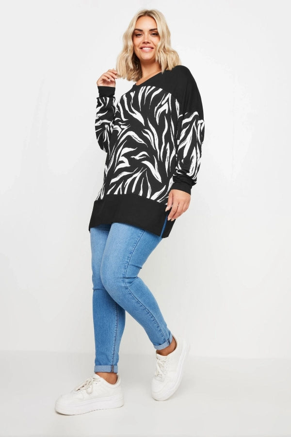 Büyük Beden Desenli Esnek Kumaş Uzun Kollu Uzun Kesim Bluz 303057 Vervegrand