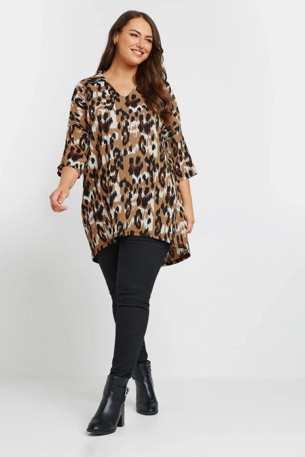 Büyük Beden Gömlek Yaka Yarım Kollu Asimetrik Etek Kesim Uzun Bluz 303633 Vervegrand