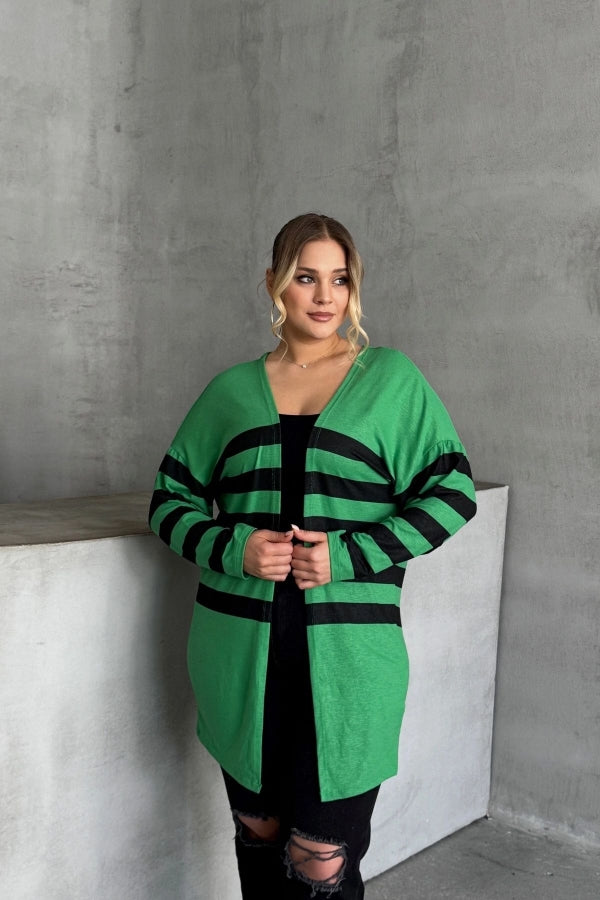 Büyük Beden Midi Boy Uzun Kollu Çizgili İnce Hırka 301568 Vervegrand