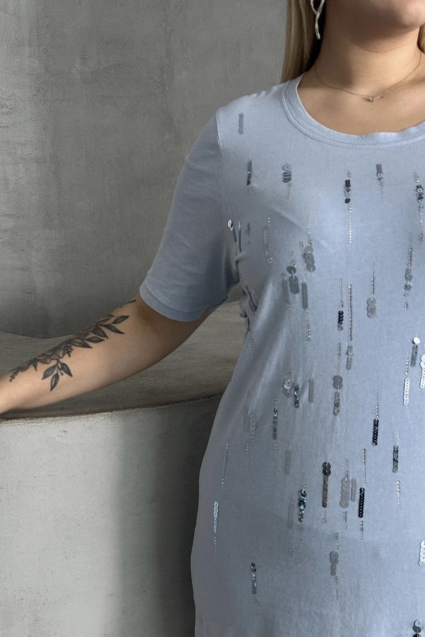 Büyük Beden Bisiklet Yaka Payet Süslemeli Kısa Kollu T-shirt 302015 Vervegrand