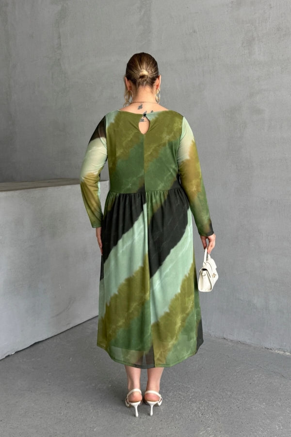 Büyük Beden Bisiklet Yaka Uzun Kollu Beli Lastikli Astarlı Elbise 615922 Vervegrand