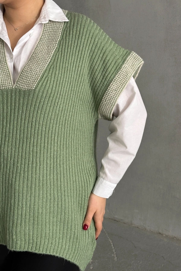 Büyük Beden V Yaka Kısa Kollu Triko Süveter 302136 Vervegrand