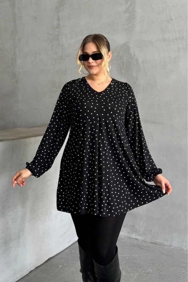 Büyük Beden Uzun Kollu Önü Pileli Bilekleri Lastikli Puantiyeli Bluz 322348 Vervegrand