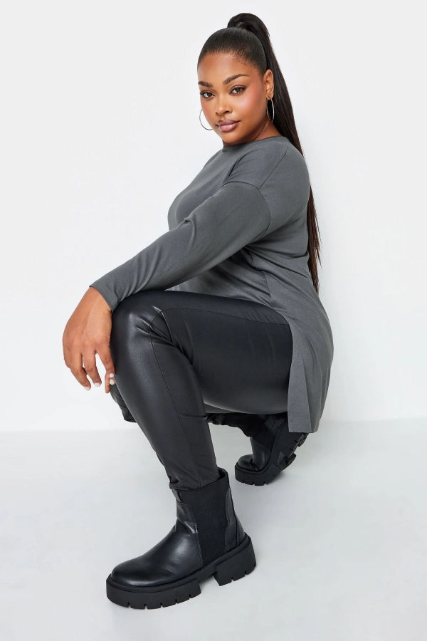 Büyük Beden Bisiklet Yaka Yırtmaç Detaylı Uzun Kollu Oversize Bluz 321294 Vervegrand