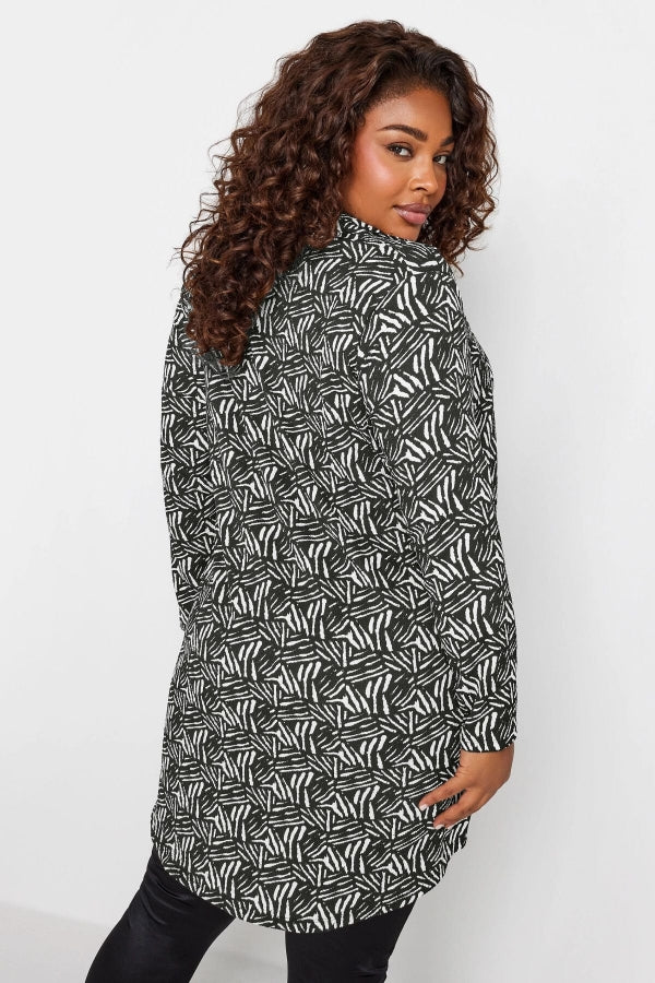 Büyük Beden Soyut Baskılı Düğmeli Uzun Kollu Uzun Kesim Gömlek 302650 Vervegrand