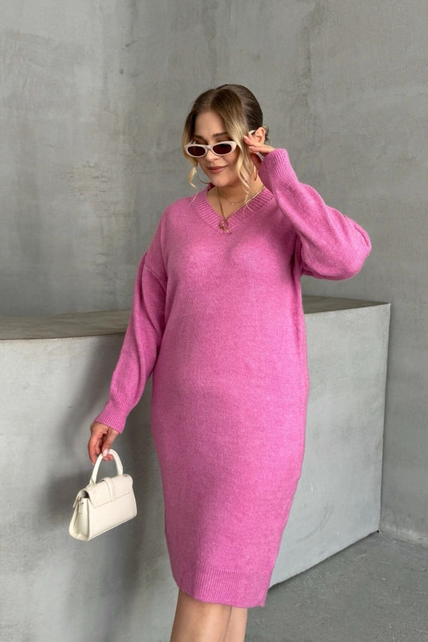 Büyük Beden V Yaka Uzun Kollu Örme Kazak Elbise 302336 Vervegrand