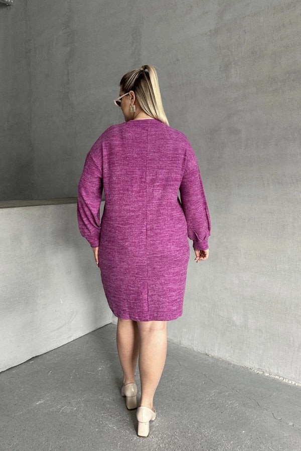Büyük Beden Uzun Kollu Bisiklet Yaka Kırçıllı Elbise 84-162 Vervegrand