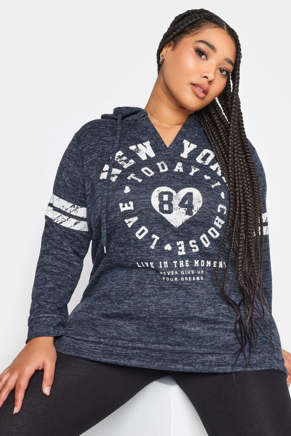 Vervegrand büyük beden lacivert baskılı kapüşonlu sweatshirt
