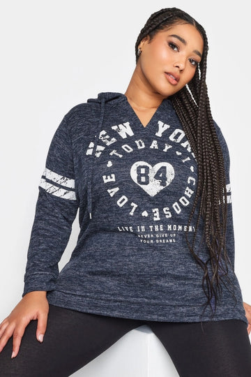 Vervegrand büyük beden lacivert baskılı kapüşonlu sweatshirt