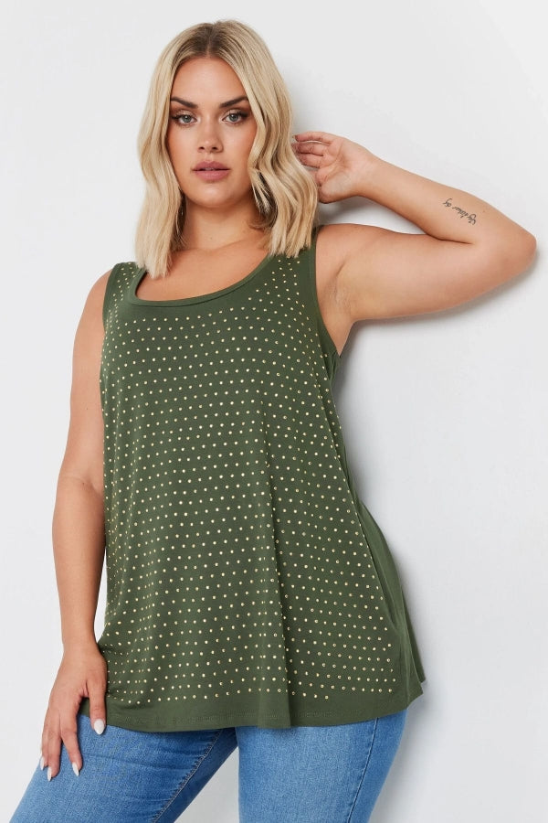 Büyük Beden Yuvarlak Yaka Sıfır Kol Zımba Detaylı Bluz 321832 Vervegrand