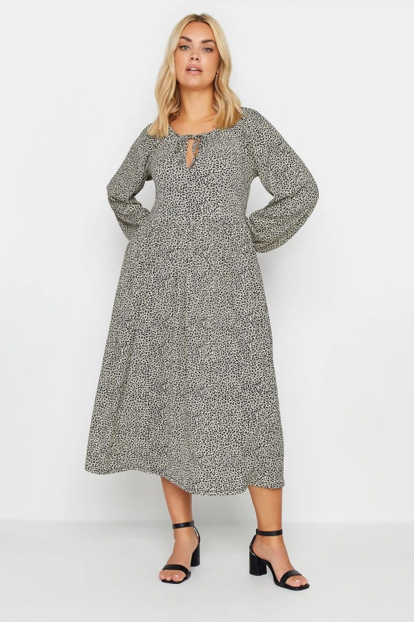 Büyük Beden Yakası Bağlama Detaylı Uzun Kollu Leopar Desenli Elbise 137780 Vervegrand