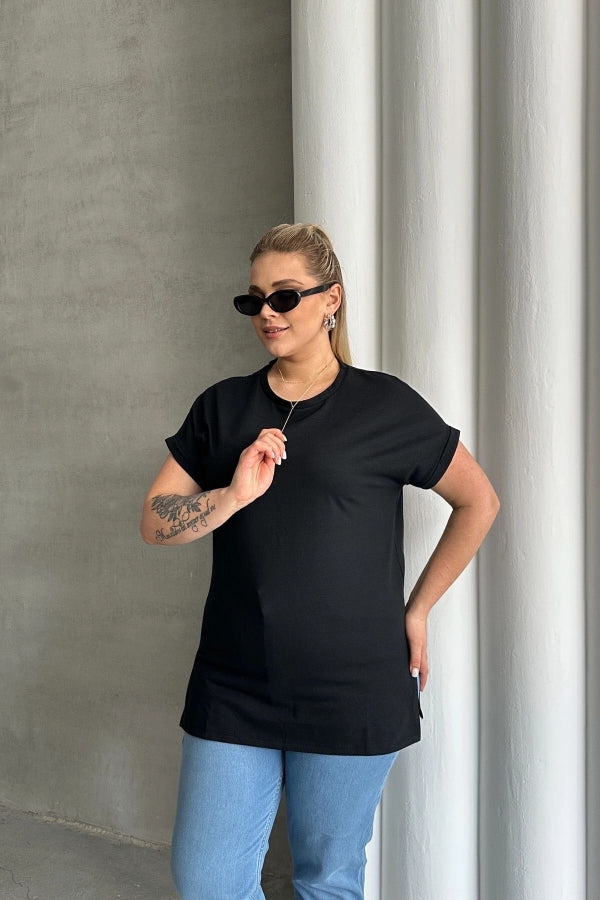 Büyük Beden Kısa Kollu Bisiklet Yaka Yanları Yırtmaçlı Basic T-shirt RFT-01 Vervegrand