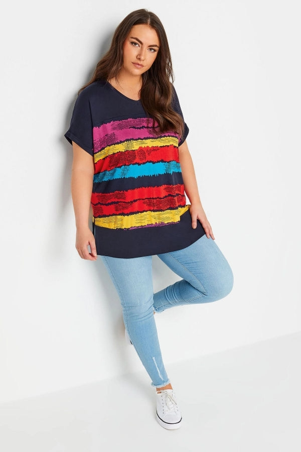 Büyük Beden V Yaka Kısa Kollu Çizgili T-shirt 303120 Vervegrand