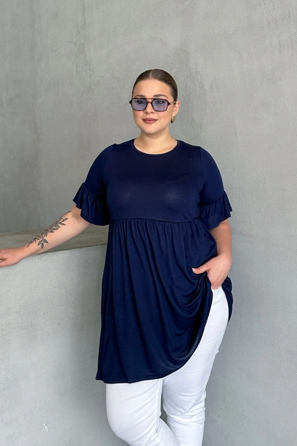 Büyük Beden Kol Detaylı Beli Lastikli Pileli Tunik T-shirt T42 Vervegrand