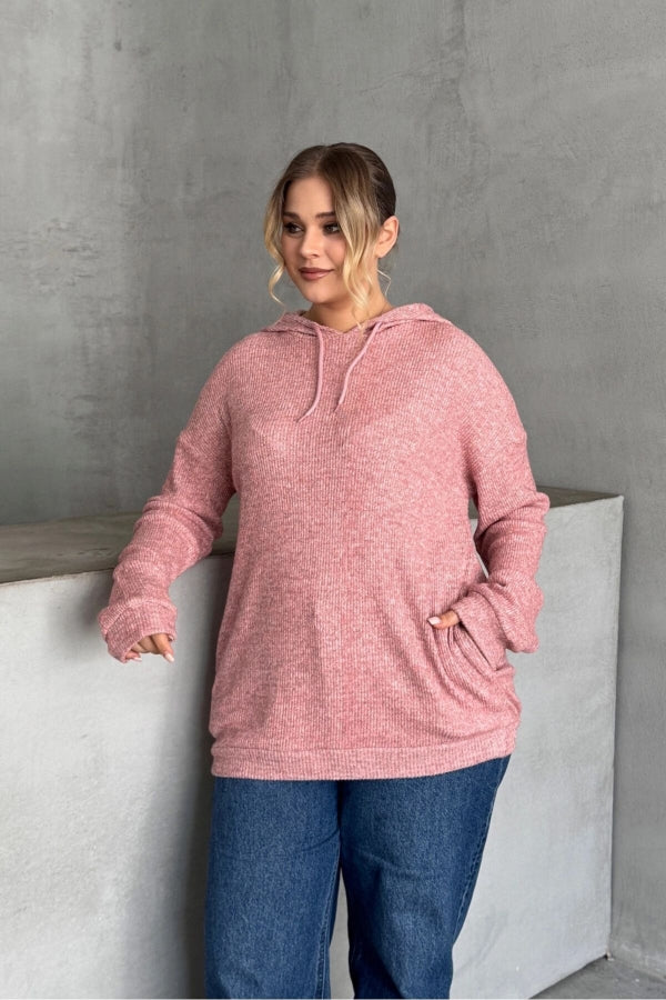 Büyük Beden Uzun Kollu Kapüşonlu Yanları Cepli İnce Örme Sweatshirt 300373 Vervegrand