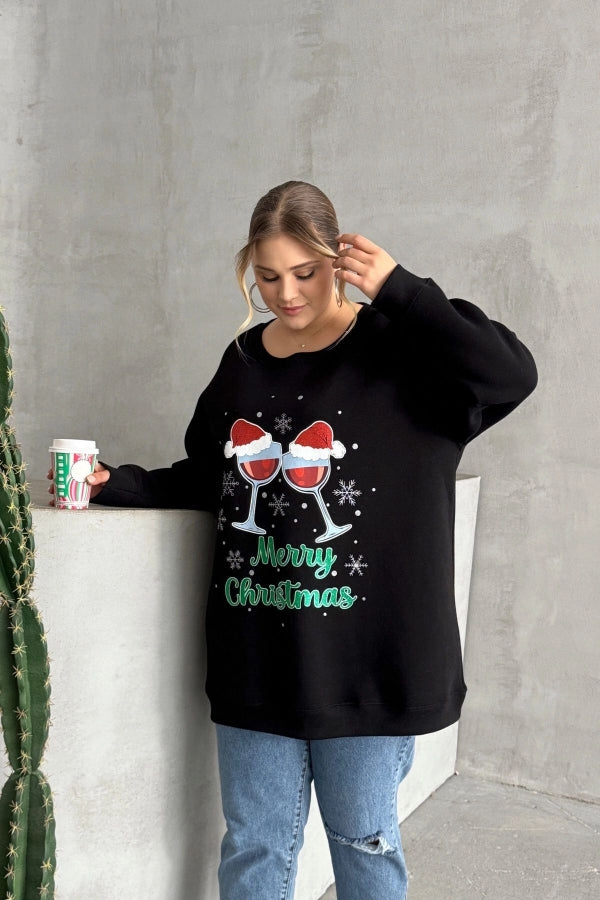 Vervegrand büyük beden rahat jersey kumaş siyah sweatshirt
