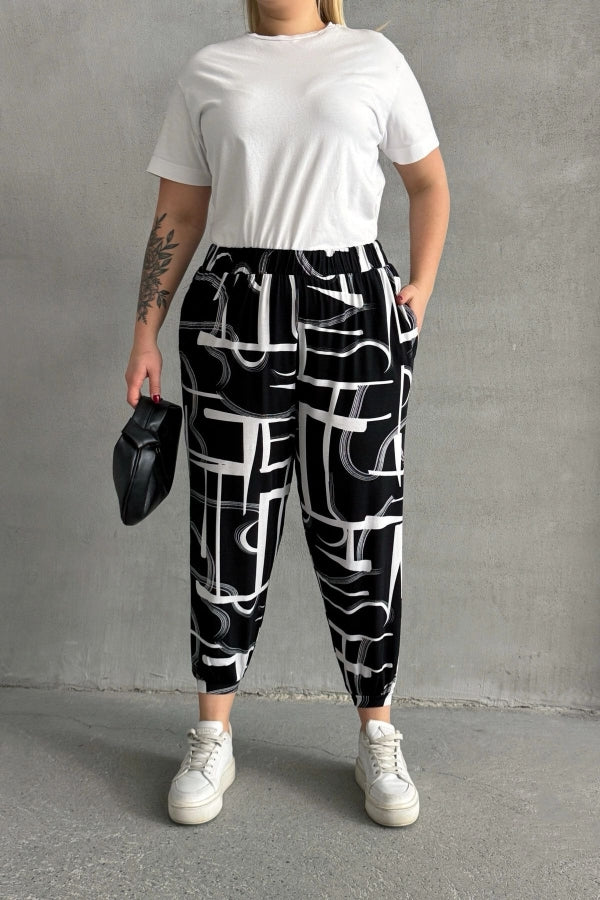 Büyük Beden Beli ve Paçası Lastikli Desenli Cepli Pantolon 98-4 Vervegrand