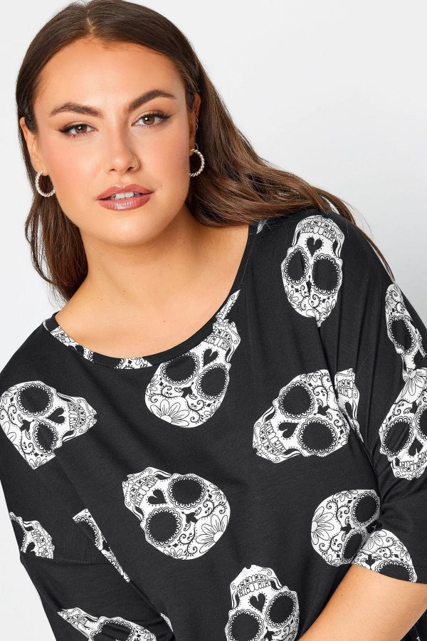 Büyük Beden Bisiklet Yaka Kuru Kafa Baskılı Yarım Kollu T-shirt 321252 Vervegrand