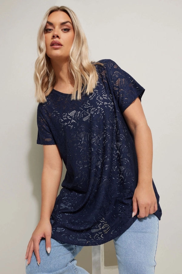 Büyük Beden V Yaka Kısa Kollu Astarsız Dantel T-shirt 304095 Vervegrand