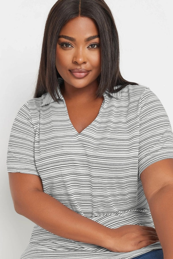 Büyük Beden Kısa Kol V Gömlek Yaka Çizgili Bluz 303436 Vervegrand
