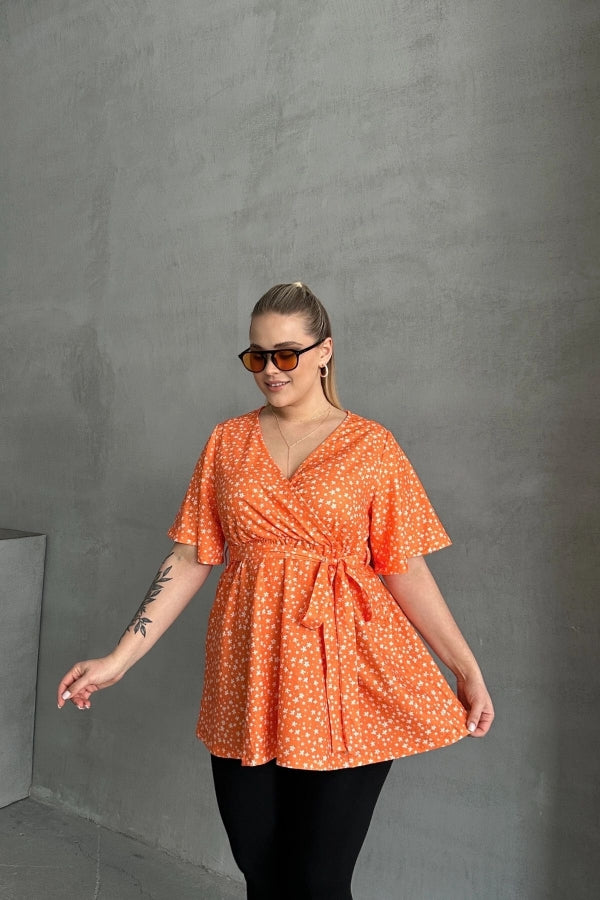 Büyük Beden Kısa Kollu V Yaka Önü Bağlama Detaylı Bluz 97-40 Vervegrand