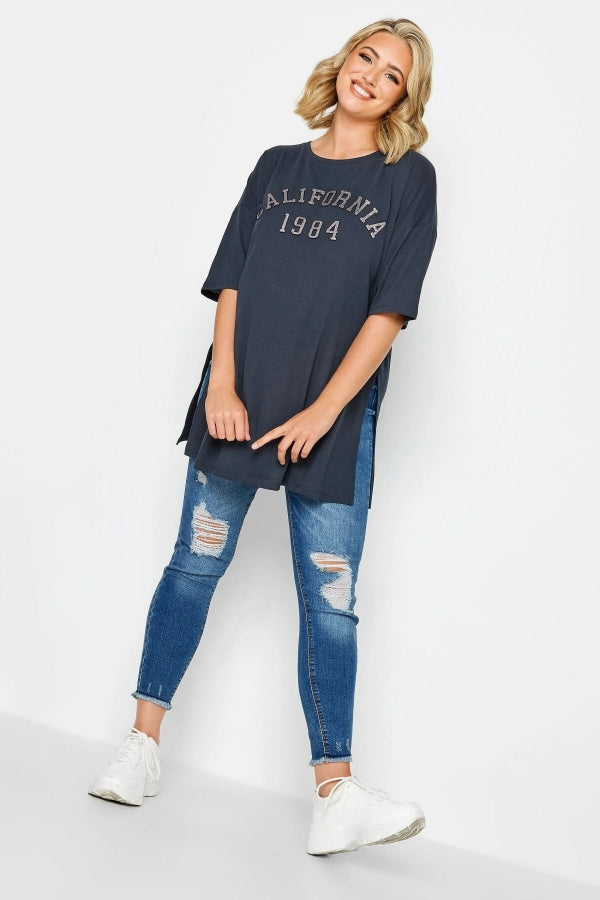 Vervegrand büyük beden antrasit California yazılı yan yırtmaçlı t-shirt