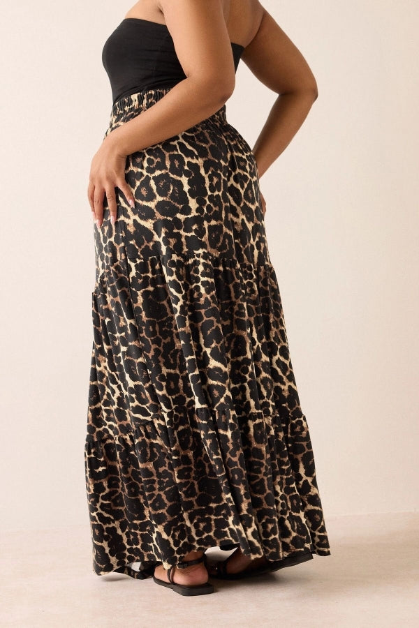 Büyük Beden Bürümcük Kumaş Leopar Desenli Beli Lastikli Etek 304237 Vervegrand