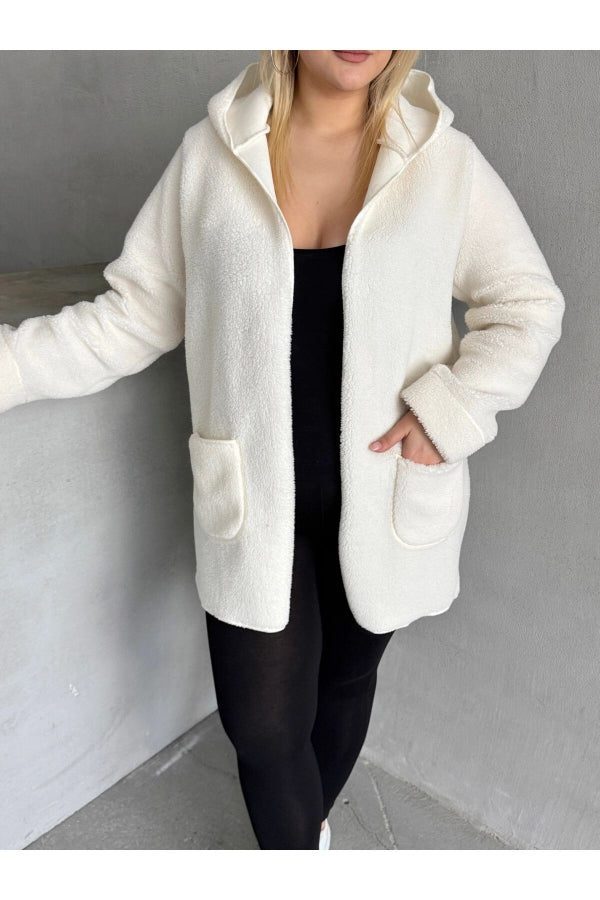 Büyük Beden Önü Kapamasız Cepli Kapüşonlu İnce Peluş Ceket 301256 Vervegrand
