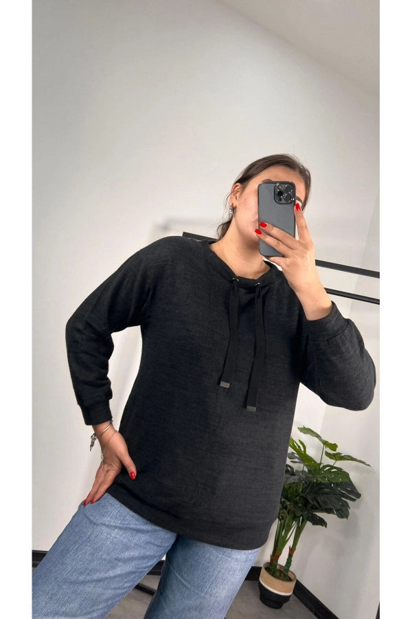 Büyük Beden Kapüşonsuz Yakası Bağcıklı Uzun Kollu Sweatshirt 301520 Vervegrand