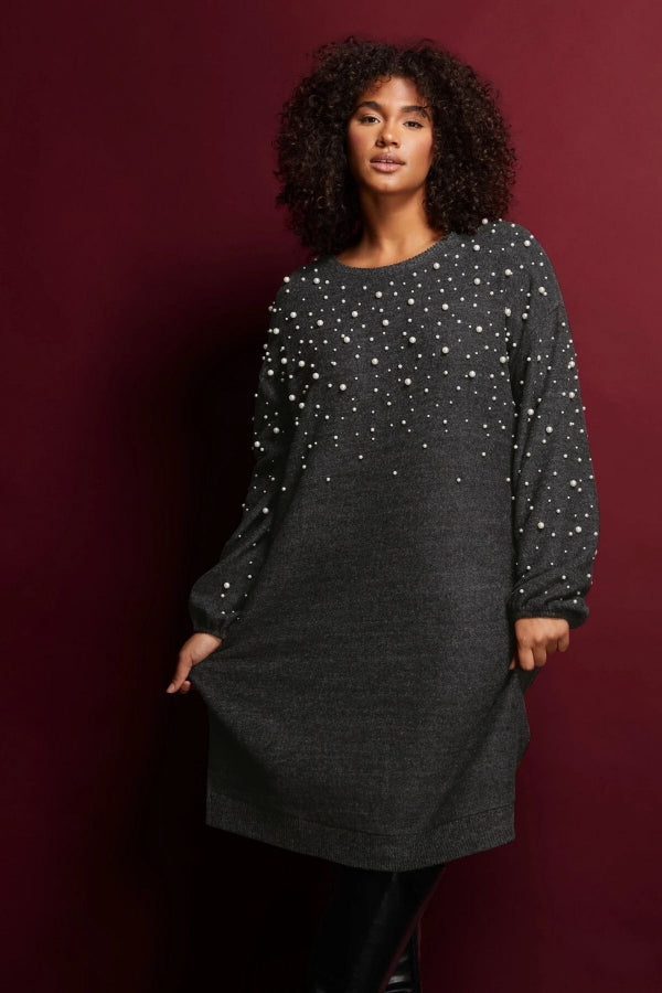 Büyük Beden Bisiklet Yaka Balon Kol Boncuk İşlemeli Triko Elbise 615670 Vervegrand