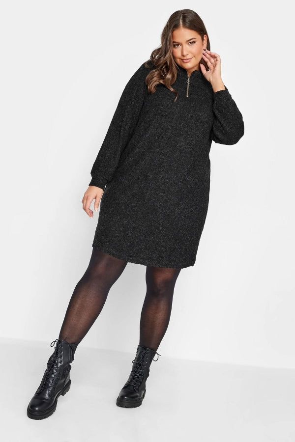 Büyük Beden Yumuşak Dokulu Uzun Kollu Fermuarlı Yaka Kısa Elbise 302619 Vervegrand