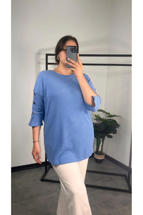 Büyük Beden Bisiklet Yaka Yarım Kollu Düğme Detaylı Bluz 301597 Vervegrand