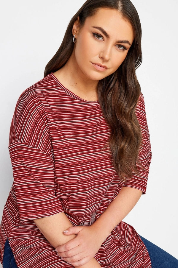 Büyük Beden Bisiklet Yaka Yarım Kollu Yırtmaç Detaylı Çizgili T-shirt 302948 Vervegrand