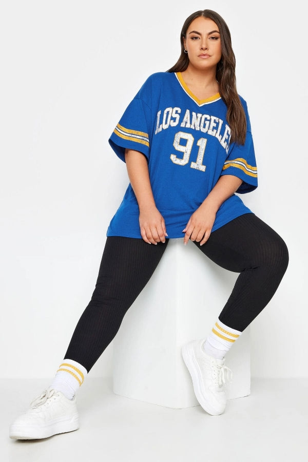 Vervegrand büyük beden V yaka mavi Los Angeles baskılı t-shirt