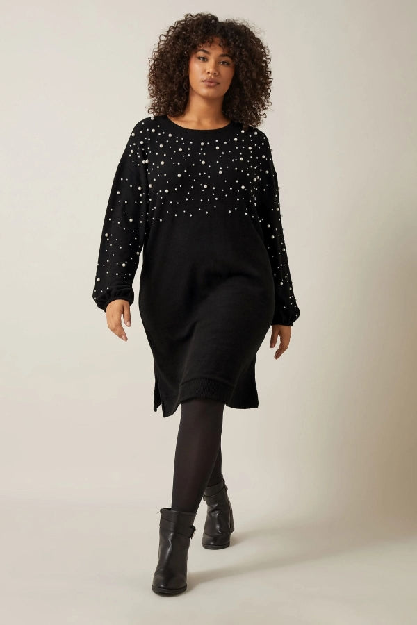 Büyük Beden Bisiklet Yaka Balon Kol Boncuk İşlemeli Triko Elbise 615669 Vervegrand