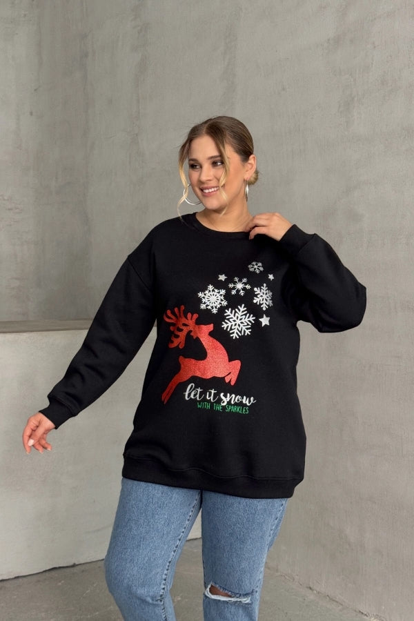 Vervegrand büyük beden yılbaşı temalı siyah sweatshirt ön görünüm
