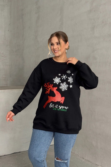 Vervegrand büyük beden yılbaşı temalı siyah sweatshirt ön görünüm