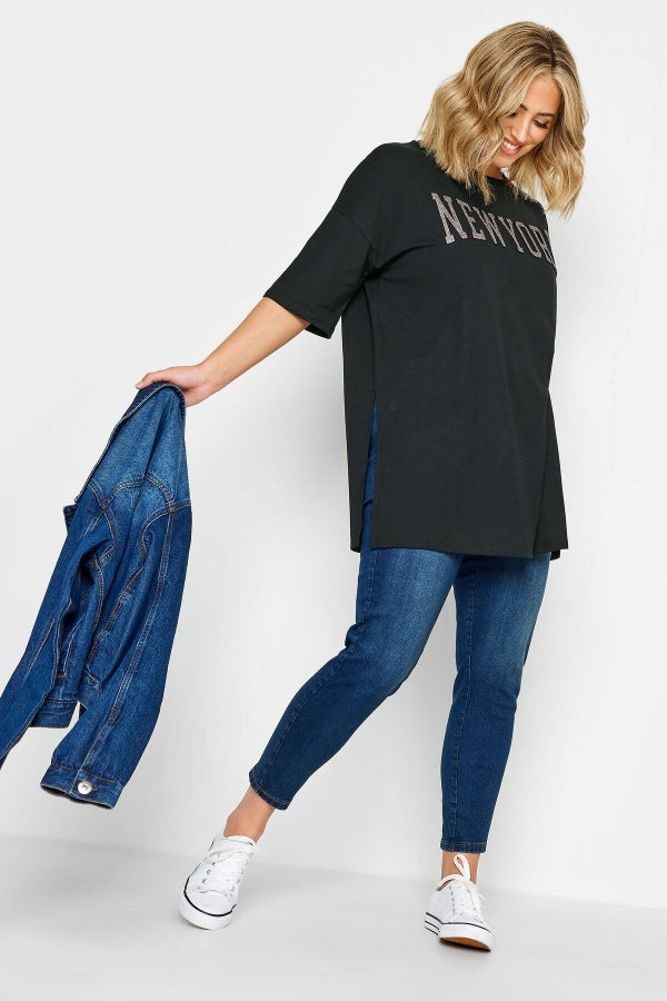 Büyük Beden Yırtmaç Detaylı Kabartma Detaylı Bisiklet Yaka Yarım Kollu T-shirt 302200 Vervegrand