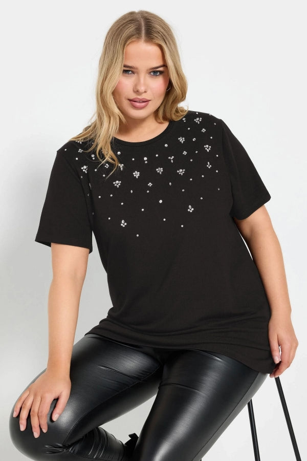 Büyük Beden Bisiklet Yakası Taş İşlemeli Kısa Kollu T-shirt 322283 Vervegrand