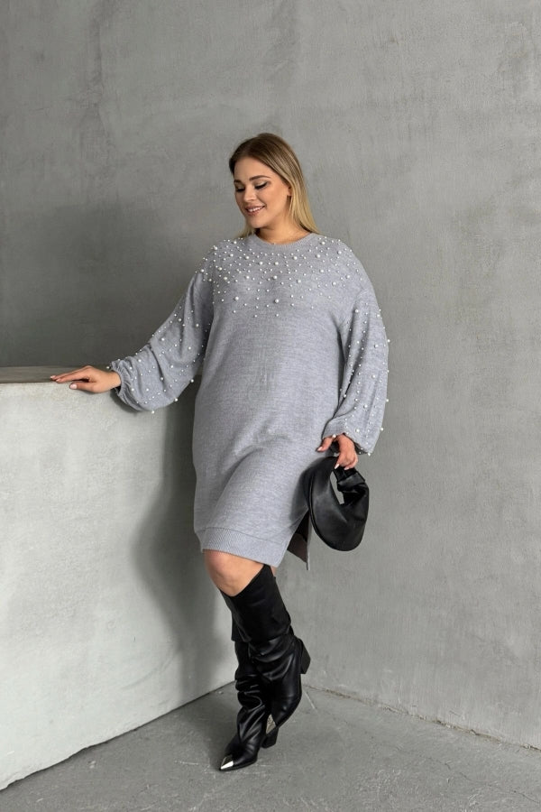 Büyük Beden Bisiklet Yaka Balon Kol Boncuk İşlemeli Triko Elbise 302668 Vervegrand