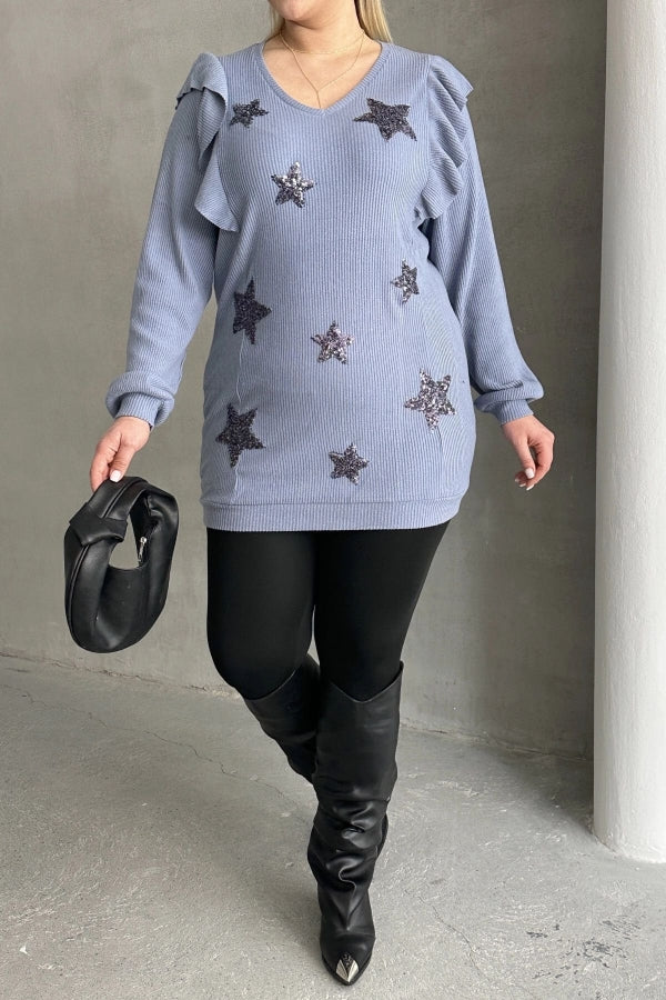 Büyük Beden Uzun Kolları Fırfırlı Yıldız Desen İşlemeli Bluz 301234 Vervegrand