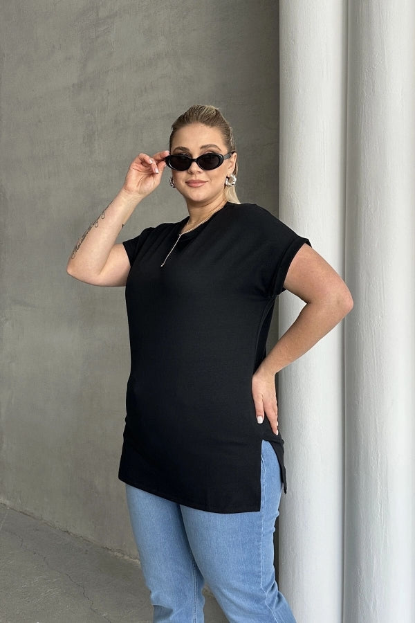 Büyük Beden Kısa Kollu Bisiklet Yaka Yanları Yırtmaçlı Basic T-shirt RFT-01 Vervegrand