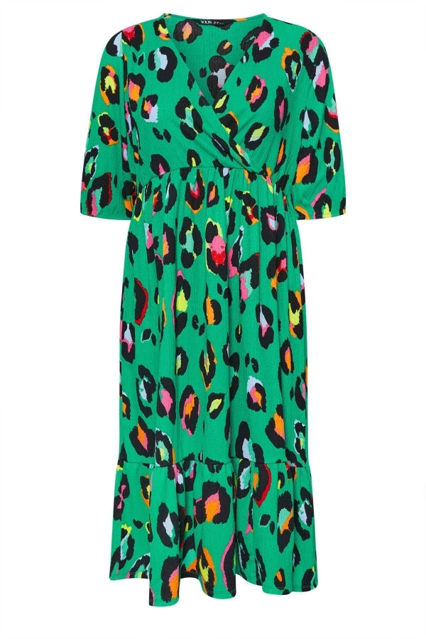 Büyük Beden V Yaka Kolları Lastikli Desenli Midi Boy Anvelop Elbise 137910 Vervegrand