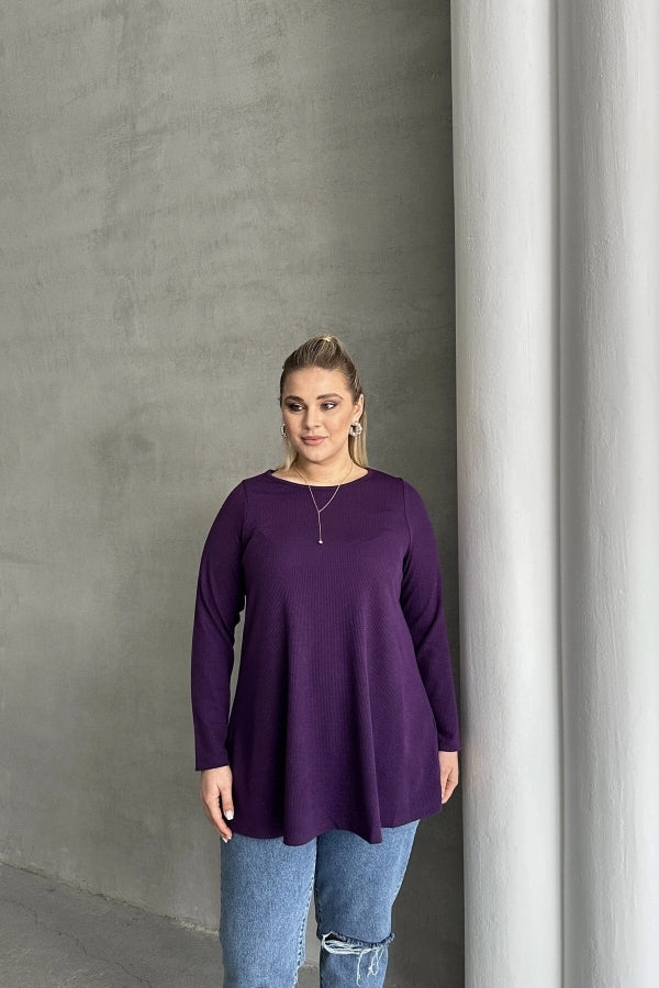 Büyük Beden Uzun Kollu Bisiklet Yaka Fitilli Bluz 100-123 Vervegrand